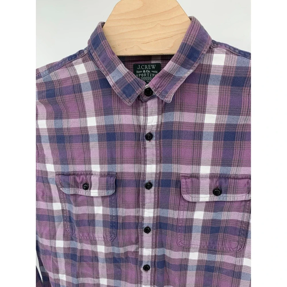 J. Crew Mens Purple Plaid Flannel Button Down Shirt Large Sporting Goods Cotton